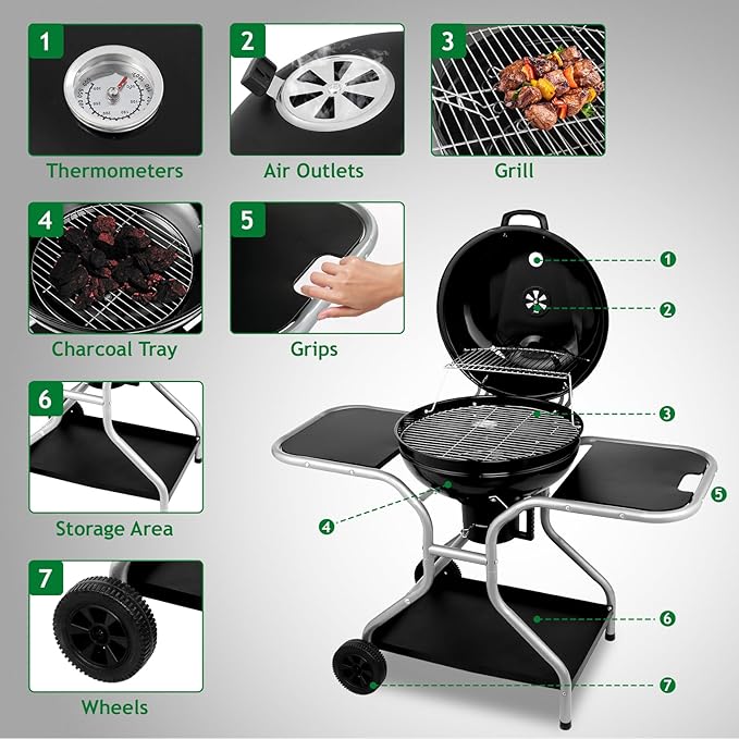 12.5 inch Kettle Charcoal Grill with 2 Side Tables, Storage Shelf, Upgraded Ash Catcher, Thermometer, Air Vents, Outdoor Cooking Barbecue Grill with Wheels
