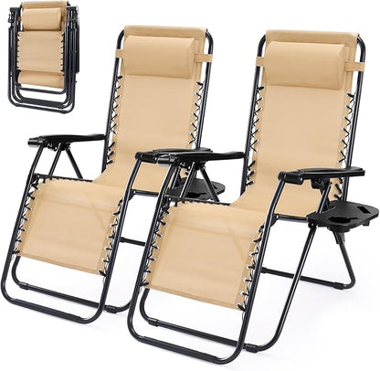 Zero Gravity Chair Set of 2, Adjustable Folding Reclining Lounge Chairs with Mesh Back, Adjustable Pillows & Cup Holder Trays, Outdoor Patio Lawn Chairs for Pool, Beach & Camping, Khaki