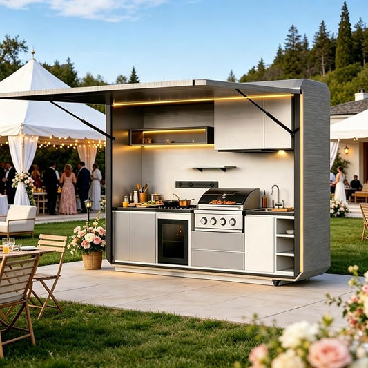 Prefab Outdoor Kitchen Pod with Roof and Grill, Modular Outdoor Kitchen Island with Sink Refrigerator Storage Cabinet, Backyard Patio BBQ Cooking Station for Outdoor Entertaining