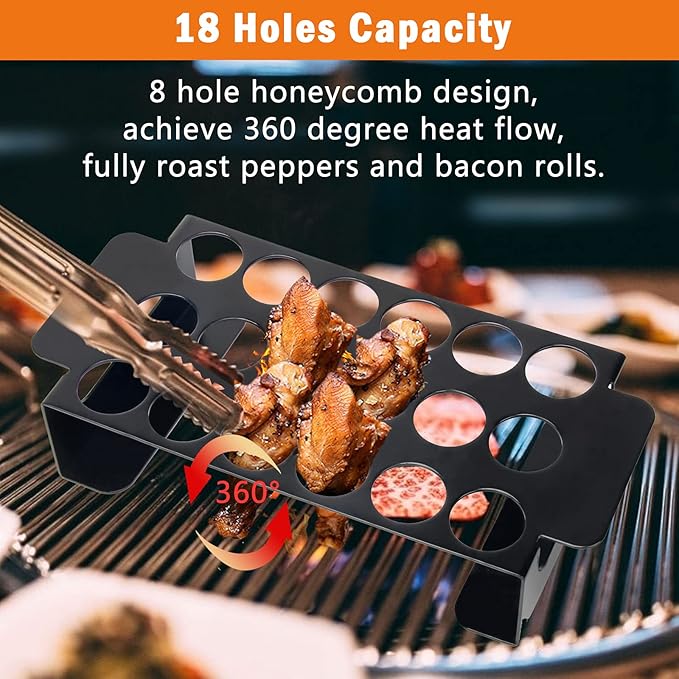 18 Hole Black Jalapeno Grill Rack for Chili, Stainless Steel Barbecue Chili Peppers Grill Rack with Handle, Jalapeno Popper Stand for BBQ Smoker or Oven (Black)