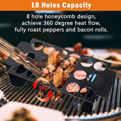 18 Hole Black Jalapeno Grill Rack for Chili, Stainless Steel Barbecue Chili Peppers Grill Rack with Handle, Jalapeno Popper Stand for BBQ Smoker or Oven (Black)