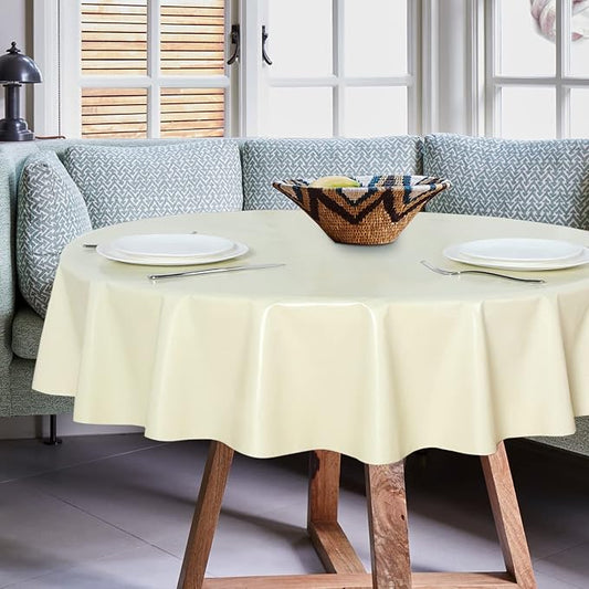 sancua 100% Waterproof Vinyl Tablecloth Table Cloth 60 Inch Round, Beige | Oil Spill Proof, PVC Material, Wipe Clean Table Cover for Dining Tables, Buffet Parties and Camping