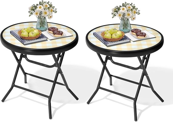 Foldable Side Table with Tempered Glass Top, 2 Pack Yellow | 18" Small Patio Side Tables Outdoor for Porch Yard Balcony Deck Lawn Garden