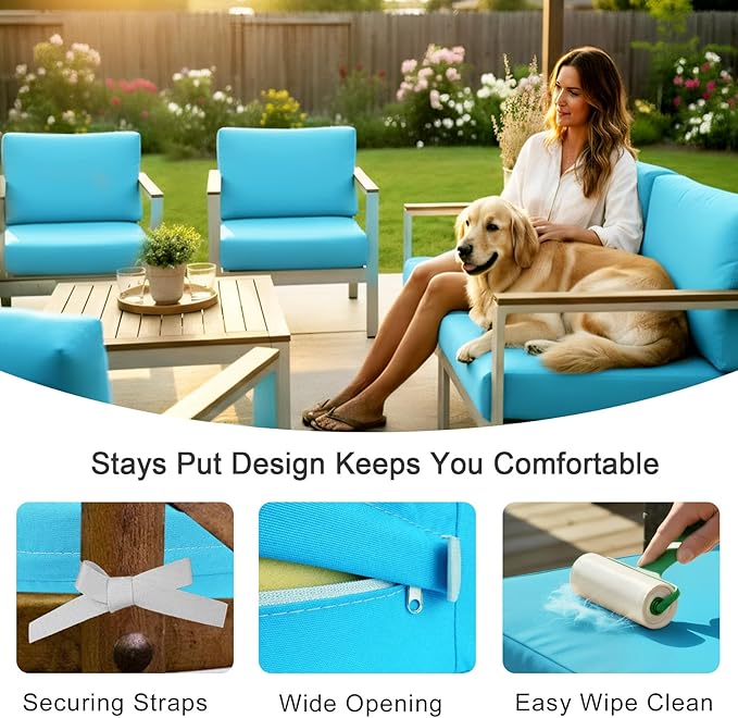 NettyPro Patio Cushion Covers Replacement Set 4 Water Repellent UV Resistant Outdoor Chair Seat Cushion Slipcover with Zipper and Tie, 20 x 18 x 4 Inch, Peacock Blue