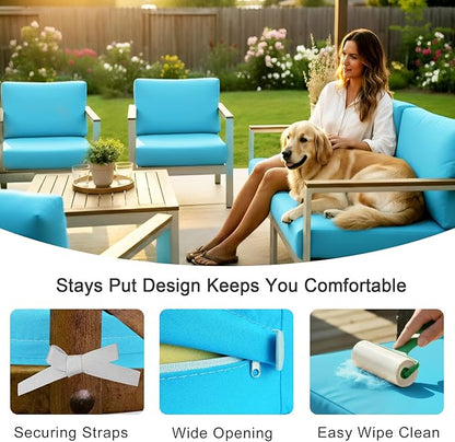 NettyPro Patio Cushion Covers Replacement Set 4 Water Repellent UV Resistant Outdoor Chair Seat Cushion Slipcover with Zipper and Tie, 20 x 18 x 4 Inch, Peacock Blue