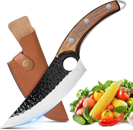 ZENG 7" Chef Knife, Hand Forged Butcher Knives with Sheath, High Carbon Steel Japanese Knife Meat Cleaver Knife for Kitchen Meat Cutting, Viking Style Knives for Camping, Hunting, BBQ, Gifts for Men
