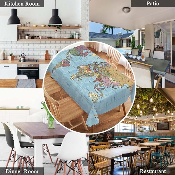 Swono World Map Rectangle Tablecloth Vintage Global Political Map Table Cloth Dining Table Cover for Home Kitchen Restaurant Party Buffet Picnic, 52x70 Inch, Blue