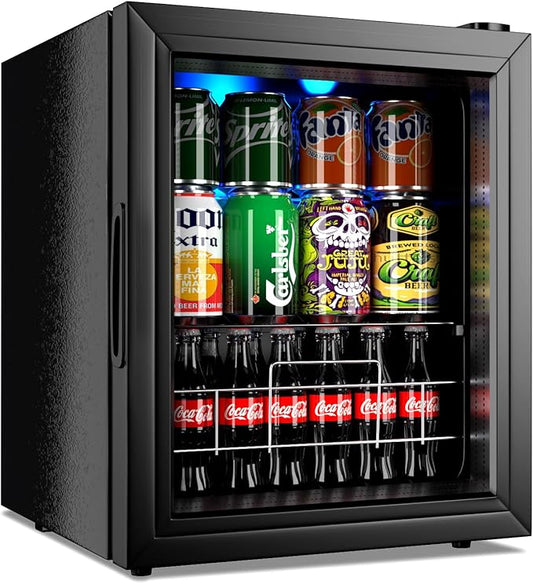 Wine Cooler Refrigerator Beverage Refrigerator 75 Can, Small Mini Fridge Freestanding Beverage Cooler with Adjustable Shelving Glass Door for Beer Soda or Wine Perfect Office Home or Bar Black