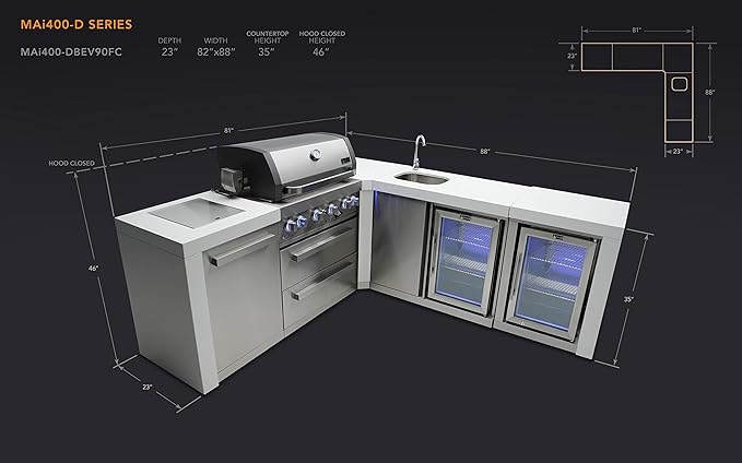 Mont Alpi Premium 82"W x 88"D Deluxe Stainless Steel Modular L-shaped Outdoor Kitchen Island with 2 Refrigerators + Beverage Center Faucet & Sink + 32"W 4-Burner BBQ Grill + Storage Cabinets & Drawers