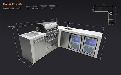 Mont Alpi Premium 82"W x 88"D Deluxe Stainless Steel Modular L-shaped Outdoor Kitchen Island with 2 Refrigerators + Beverage Center Faucet & Sink + 32"W 4-Burner BBQ Grill + Storage Cabinets & Drawers