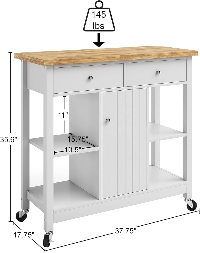 Lavish Home Mobile Kitchen Island with Spice Rack, Shelves & Cabinet, White | Rolling Cart with Drawers for Coffee Bar, Adjustable Shelves, Counter Space, Microwave Stand with Storage Shelves