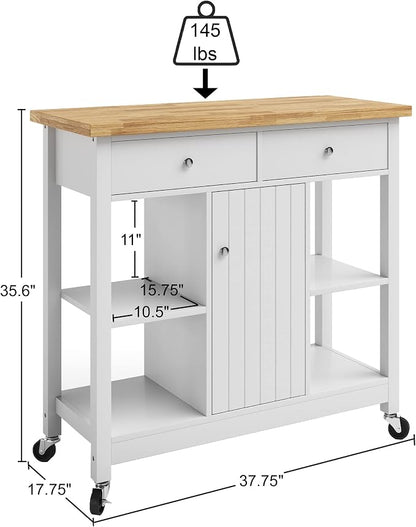 Lavish Home Mobile Kitchen Island with Spice Rack, Shelves & Cabinet, White | Rolling Cart with Drawers for Coffee Bar, Adjustable Shelves, Counter Space, Microwave Stand with Storage Shelves