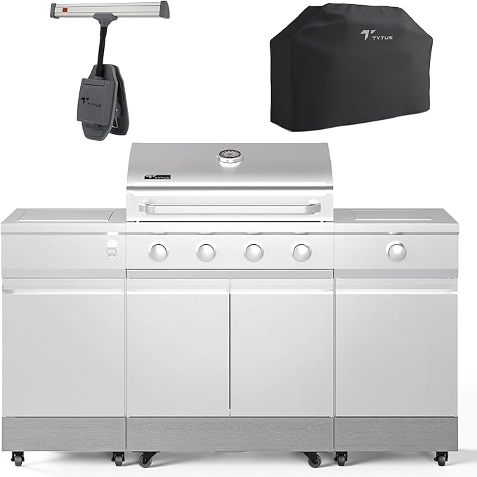 Tytus Fresno 5-Burner Propane or Natural Gas Island Grill – 864 sq. in. Cooking, 48,000 BTU Main + 12,000 BTU Side Burner, Porcelain Grates, Storage Cabinets, Semi-Portable -SS/Carbon Wood Starter Kit