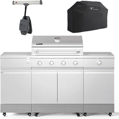 Tytus Fresno 5-Burner Propane or Natural Gas Island Grill – 864 sq. in. Cooking, 48,000 BTU Main + 12,000 BTU Side Burner, Porcelain Grates, Storage Cabinets, Semi-Portable -SS/Carbon Wood Starter Kit