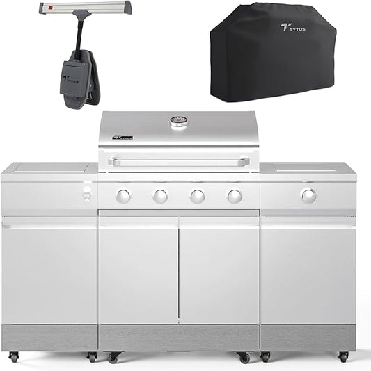 Tytus Fresno 5-Burner Propane or Natural Gas Island Grill – 864 sq. in. Cooking, 48,000 BTU Main + 12,000 BTU Side Burner, Porcelain Grates, Storage Cabinets, Semi-Portable -SS/Carbon Wood Starter Kit
