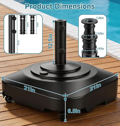 Umbrella Base with 5 Wheels, 140 lbs Max Capacity Fillable Umbrella Stand | 360°swivel wheel for flexible steering, 2 locks 2 knobs, wind-resistant design, heavy duty base for patio, deck, outdoor