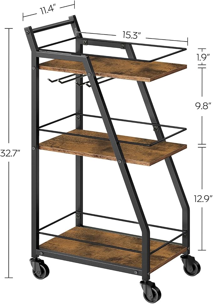 Bar Cart, 3-Tier Home Bar Serving Cart with Wheels, Drink Cart with Glass Holder, Beverage Cart, Rolling Kitchen Cart, for Home, Living Room, Rustic Brown and Black BC03BR