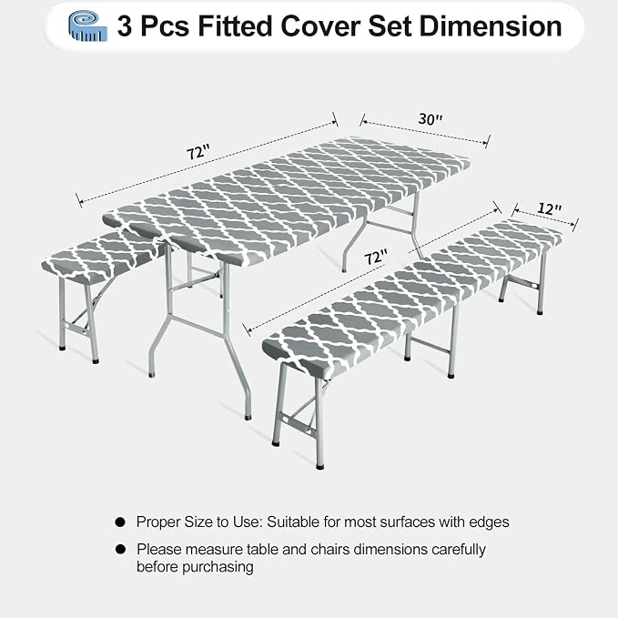 OutdoorLines Vinyl Fitted Picnic Table Cover with Bench Covers | Elastic Waterproof Camping Tablecloth for Picnic Table (Moroccon Gray 72x30 Inch, 3 Pcs)