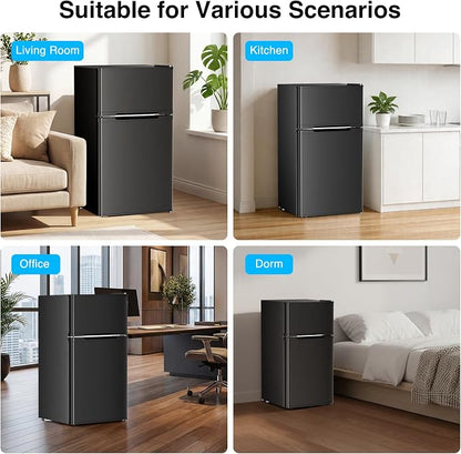 Kismile 2.6 Cu.Ft Mini Fridge with Freezer for Bedroom & Office, Black | Compact Refrigerator with 2 Reversible Doors, 3-level Adjustable Thermostat, Removable Shelves & Interior Light for Dorm