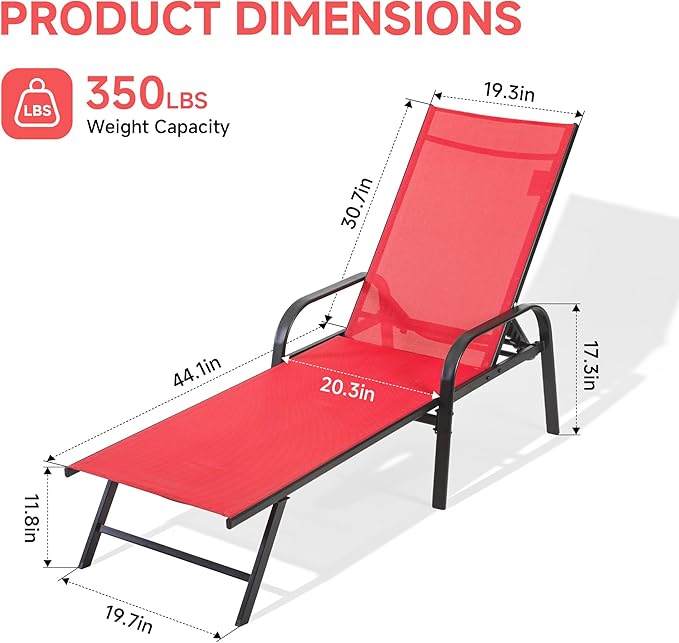 DUMOS Outdoor Lounge Chaise, 5-Position Chaise Lounge with Armrests, Sun Tanning Chair 350 lbs Heavy Duty Patio Pool Chair, Waterproof Sun Lounger for Deck, Backyard, Beach & Poolside, Red