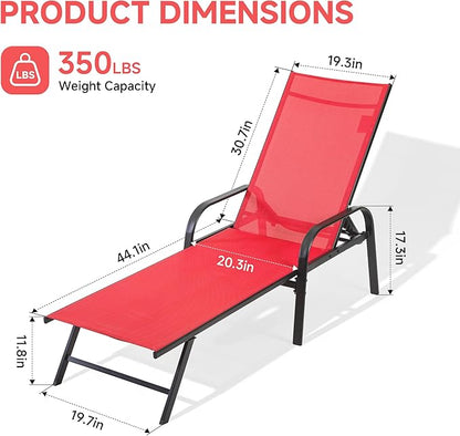 DUMOS Outdoor Lounge Chaise Set of 2 for Poolside Patio, 5-Position Chaise with Armrest, Sun Tanning Chair 350 lbs Heavy Duty Patio Pool Chair, Waterproof Lounge for Deck,Backyard, Beach, Red