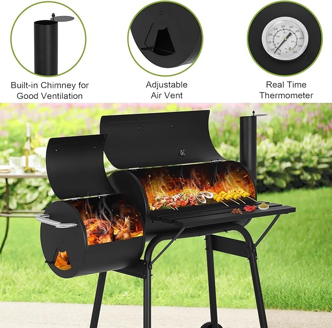 BLKMTY 43" Charcoal Grills Outdoor BBQ Grill with Offset Smoker Camping Portable Grill Camping Barbecue Grills with Side Fire Box for 6-10 People Patio Backyard Picnic BBQ, Black