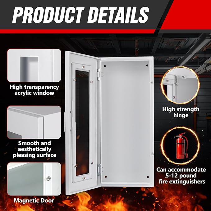 Fire Extinguisher Cabinet Wall with Magnetic Door & Handle for 5-12 pounds Extinguisher, 23.6" H x 10.2" W x 6.7"D White Steel Fire Extinguisher Mount for Indoor Outdoor with Full Clear Acrylic Door