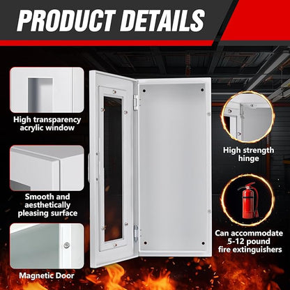 Fire Extinguisher Cabinet Wall with Magnetic Door & Handle for 5-12 pounds Extinguisher, 23.6" H x 10.2" W x 6.7"D White Steel Fire Extinguisher Mount for Indoor Outdoor with Full Clear Acrylic Door