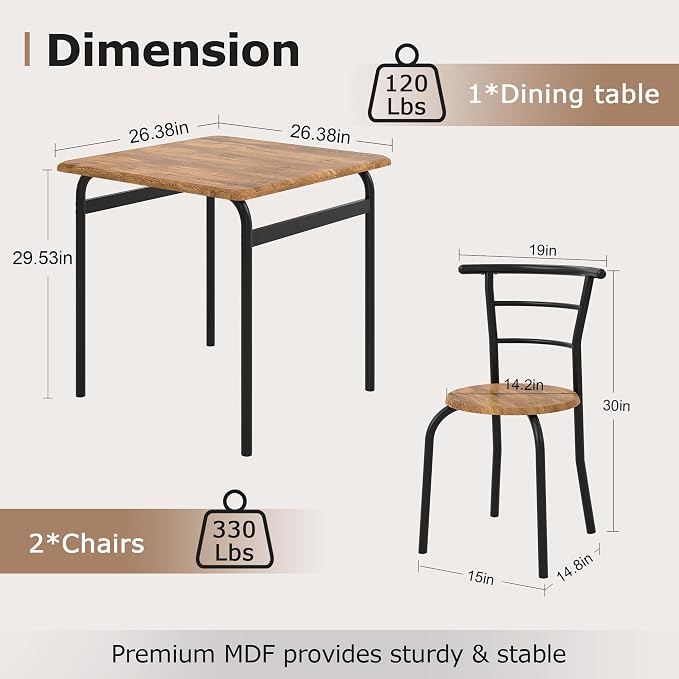 VECELO 3-Piece Dining Table Set for Kitchen Breakfast Nook, Wood Grain Square Tabletop and Metal Frame, for Small Spaces, Vintage Brown