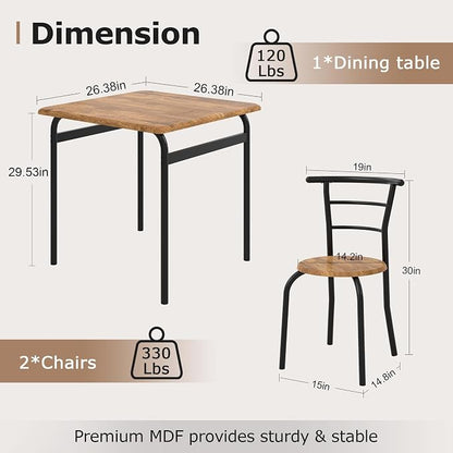 VECELO 3-Piece Dining Table Set for Kitchen Breakfast Nook, Wood Grain Square Tabletop and Metal Frame, for Small Spaces, Vintage Brown