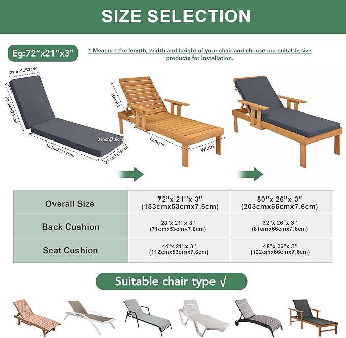 Summsun Chaise Lounge Cushions Outdoor - Waterproof and Fade Resistant Sun Lounger Replacement Cushions - Patio Lounger Pads with Removable Cover for Pool, Deck, Lawn, 72 x 21 x 3 Inch, Dark Grey