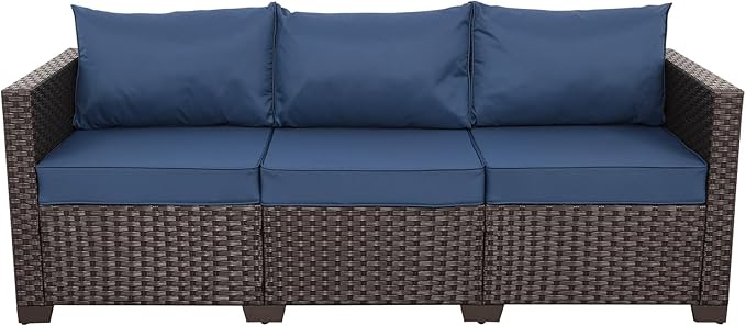 Rattan Star Patio Furniture Outdoor Couch 3 Seater Sofa Outdoor Brown Wicker Sofa Deep Seat High Backrest Patio Couch with Non-Slip Cushions and Waterproof Cover, Navy Blue