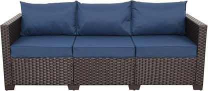 Valita Patio Furniture 3-seat Sofa Brown Wicker Outdoor Furniture Outdoor Couch Deep Seat High Backrest Waterproof Cover Anti-Slip Washable Cushions, Navy Blue