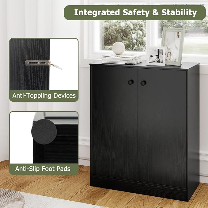 GIANTEX 2 Door Storage Base Cabinet (Black) | 3-Tier Base Cabinet with Non-Slip Foot Pads, Kitchen Cupboard Storage Organizer for Living Room, Hallway, Entryway, Office