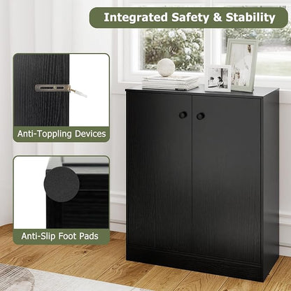 GIANTEX 2 Door Storage Base Cabinet (Black) | 3-Tier Base Cabinet with Non-Slip Foot Pads, Kitchen Cupboard Storage Organizer for Living Room, Hallway, Entryway, Office