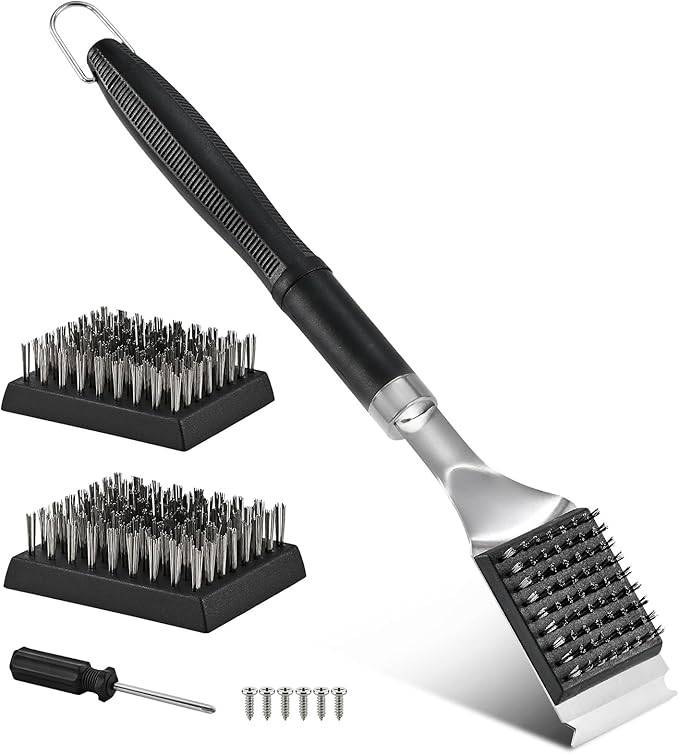 BBQ Grill Cleaning Brush with Scraper, 17'' Stainless Steel Grill Grate Cleaner with 2 Replaceable Stainless Steel Bristles Heads, Safe BBQ Accessories for Charcoal & Electric Grills