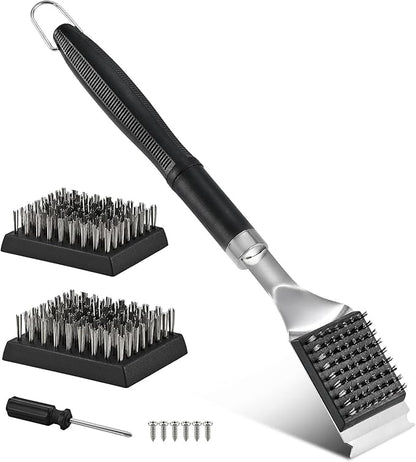 BBQ Grill Cleaning Brush with Scraper, 17'' Stainless Steel Grill Grate Cleaner with 2 Replaceable Stainless Steel Bristles Heads, Safe BBQ Accessories for Charcoal & Electric Grills
