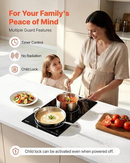 VEVOR Electric Cooktop 12inch 2 Burners Portable Stove Top 1800W 120V, Ceramic Countertop/Built-in Radiant Electric Stove, with 9 Power Levels, Timer, Child Lock, Over-Heat Guard, Touch Control