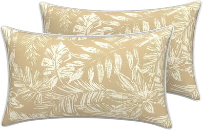 LVTXIII 2 Pack Outdoor Lumbar Pillow Covers 12x20 Inch with Piping, Water-Repellent Back Cushion Covers ONLY for Patio Furniture, Sofa, Garden Bench, Tropical Leaf Oat