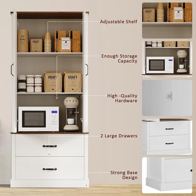GarveeHome Kitchen Pantry Cabinet, Farmhouse Storage Cabinet with Barn Doors, Drawers and Adjustable Shelves, Versatile Storage for Kitchen, Dining Room, Rustic White