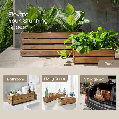 THYOI Premium Wooden Planter Box, Storage Box 17" L x6 W x5.5 H with Crate Style, Acacia Wood Flower Container, Rustic Rectangle Planter for Planting, Decor and Storage - 3 Colors (Natural)