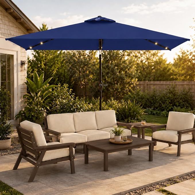 6.5 x 10ft Rectangular Patio Umbrella with Solar Lights, 16 LED Lighted Market Umbrella with Push-Button Tilt and Crank, 6 Sturdy Iron Ribs for Garden, Deck, Pool, Navy Blue