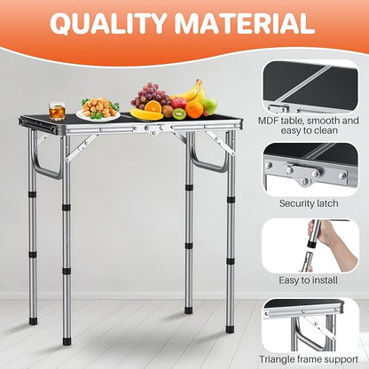 FUNYKICH 2ft Folding Camping Table 22.8''x15.7''x26.4'',3 Height Adjustable | Lightweight & Portable, Aluminum Small Outdoor Table with Carry Handle for Camping, Beach, Picnic, Silver