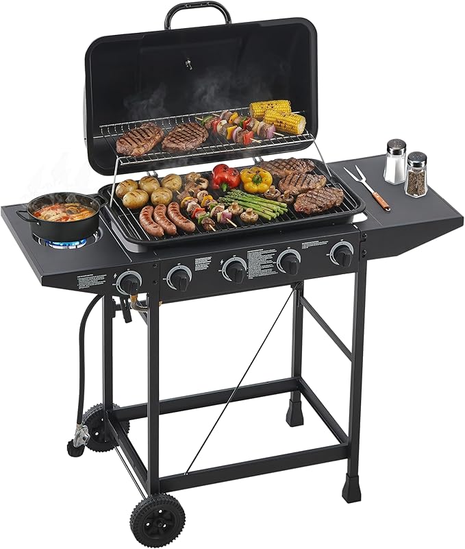 47" Stainless Steel Outdoor Kitchen BBQ Island Grill with LPG Black | 4 Burner 42000 BTU Enamel-Coated Grates and Side Tables for Outdoor Cooking Kitchen and Patio Backyard
