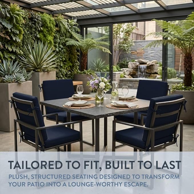 California Umbrella Outdoor Dining Chair, Set of 4 Patio Seat Cushions, 20 x 40 Inch, Premium Outdoor Memory Foam, Fade Resistant, Sunbrella Fabric, Fabric Ties, Navy
