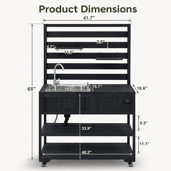 Patio Rolling Kitchen Island with Sink, 41.7 Inch Outdoor BBQ Cart | Solid fir wood frame, stainless steel top and sink, patio BBQ prep, 4 lockable wheels, 2 movable shelves, 41.7 x 16.6 x 65 in