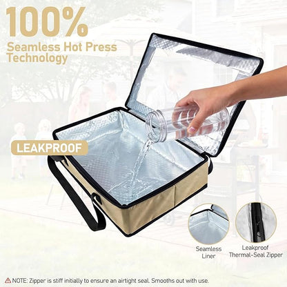 BANGIE BBQ Meat Resting Blanket & 9x13 Foil Pan Carrier - Leakproof Insulated Casserole Transport Bag with Visual Window, Rigid Hard Bottom - Birthday Father's Day Grilling Gifts for Men Dad, Khaki