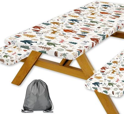 Picnic Table Cover with Bench Covers and Bag, Camping Essentials, Bigfoot Forest Animals Waterproof Fitted Camping Tablecloths with Elastic Edges for Indoor, Outdoor & Garden, 3 Pcs Set 30x96 Inch