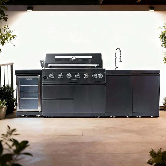 95-Inch 6-Burner Propane Gas Outdoor Grill Island, 85000 BTU 304 Marine SS BBQ with Wine Cooler/Refrigerator, Sink, Granite Countertops for Patio Backyard, Black