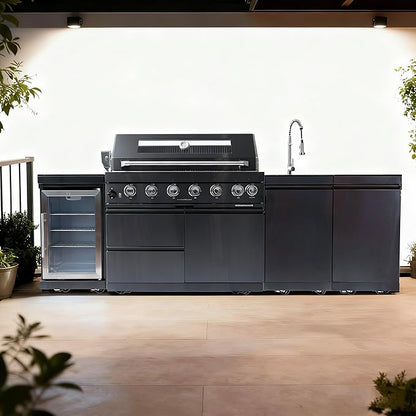 95-Inch 6-Burner Propane Gas Outdoor Grill Island, 85000 BTU 304 Marine SS BBQ with Wine Cooler/Refrigerator, Sink, Granite Countertops for Patio Backyard, Black